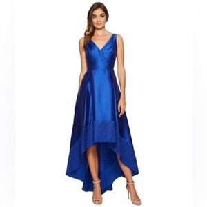 Adrianna Papell High Low Mikado Gown Sz 4  Royal Blue Lace Prom Side Pockets